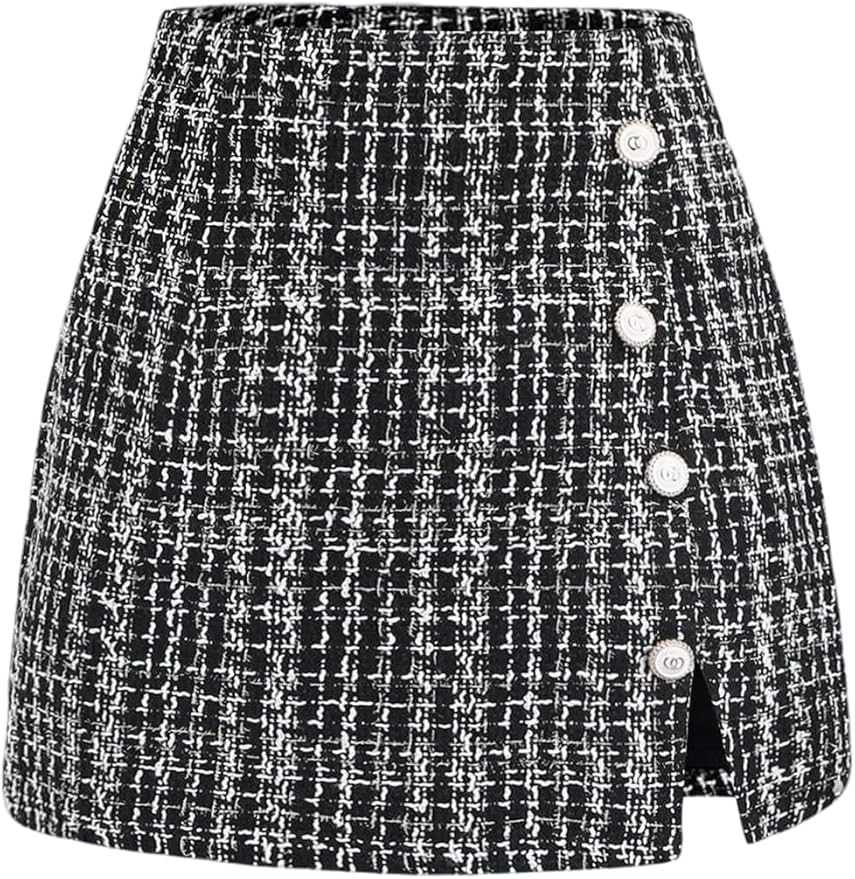 SweatyRocks Women's High Waist Split Button Elegant Tweed Short Skirt Plaid Skorts | Amazon (US)