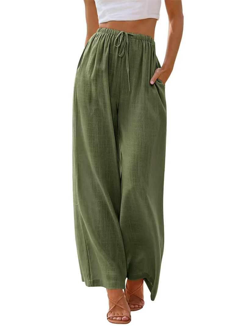 TEMOFON Pants for Women Wide Leg Linen Pant Palazzo Summer Casual Flowy Pants with Pocket Army Gr... | Walmart (US)