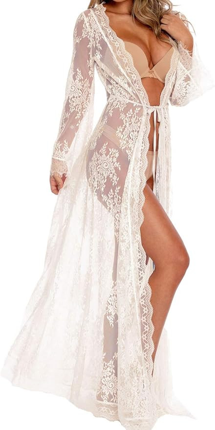 BUTTZO Women Sexy Long Lace Dress Sheer Gown See Through Lingerie Kimono Robe Swimsuit Cover Up | Amazon (US)