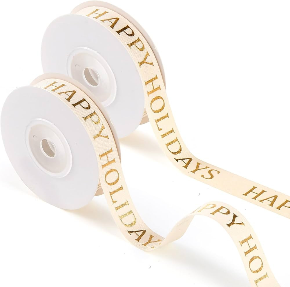 20 Yards Happy Holidays Ribbon Gold Cotton 5/8" Glitter Custom Ribbon Bows for Gift Wrapping Craf... | Amazon (US)