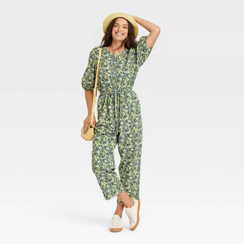 Women's Puff 3/4 Sleeve Jumpsuit - Universal Thread™ Green Floral | Target