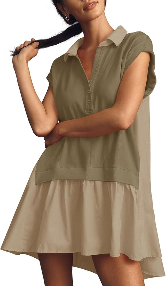 Amazon.com: Fisoew Womens Summer Sweatshirt Dresses Short Sleeve V Neck Casual Oversized Patchwor... | Amazon (US)