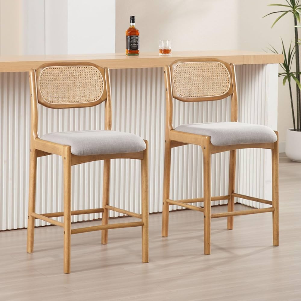 Rattan Bar Stools Set of 2 Grey Linen Counter Stools 26 Inch Upholstered Kitchen Island Chairs wi... | Amazon (US)