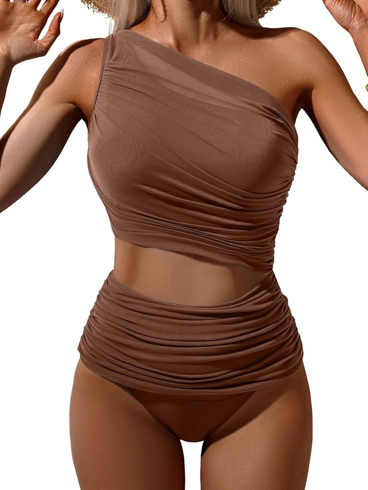 Bikini Sets for Women Tummy Control Two Piece Swimsuits Mesh One Shoulder Bathing Suits | Amazon (US)