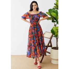 Bright Red Floral Off-Shoulder Chiffon Dress | Chicwish