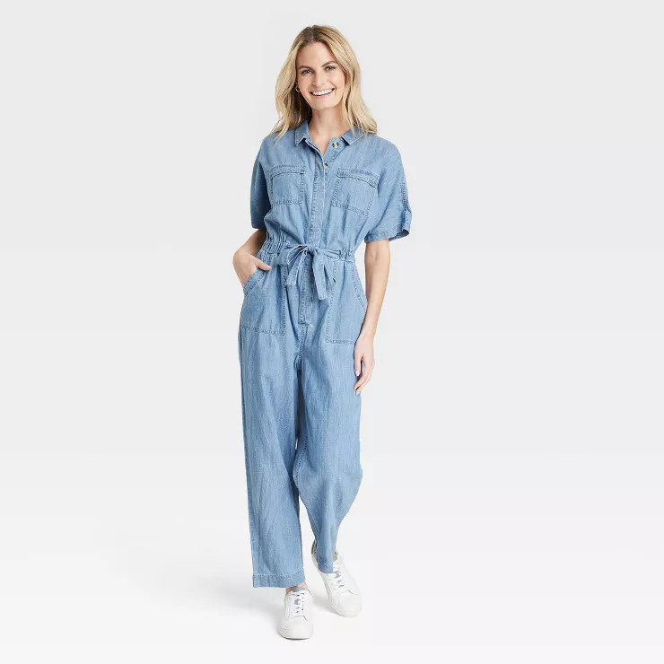 Women's Button-Front Short Sleeve Boilersuit - Universal Thread™ Indigo | Target