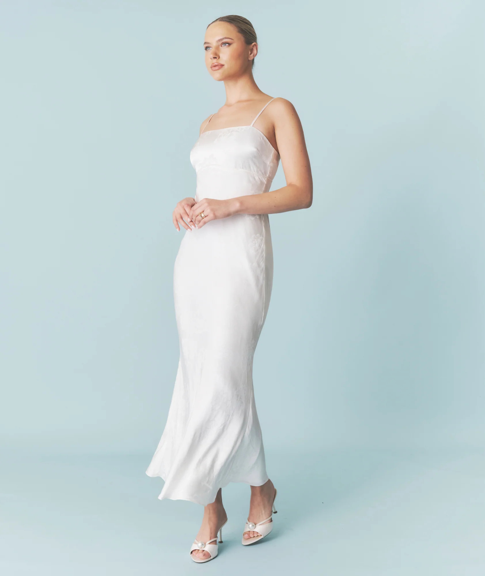 Floral Satin Jacquard Strappy Maxi Dress - Ivory | Six Stories