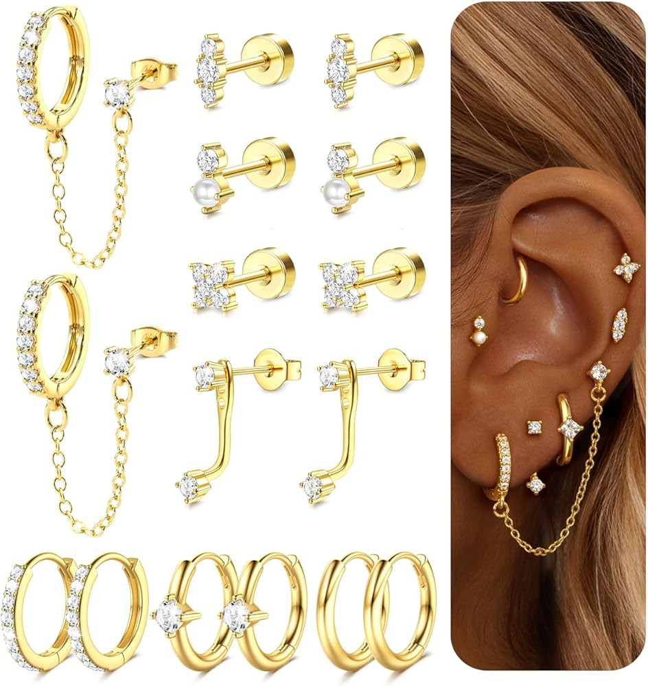 Dochais Hypoallergenic Flatback Stud Hoop 14K Gold Plated Earrings Stacks - Surgical Stainless St... | Amazon (US)