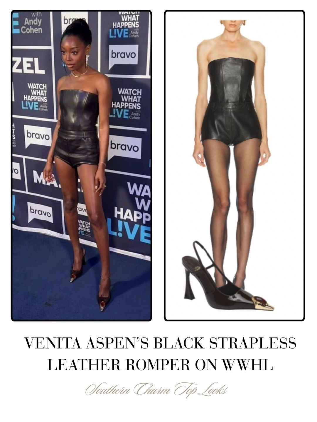 Venita Aspen’s Black Strapless Leather Romper on WWHL 📸 = @bravowwhl 