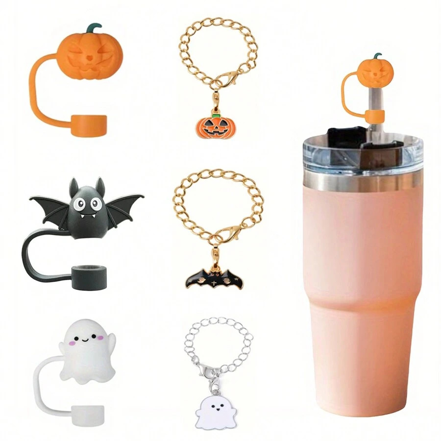 1set 2pcs Cute Pumpkin, Bat, Ghost Silicone Straw Topper, Cartoon Metal Cup Charm, Fits 30oz & 40... | SHEIN