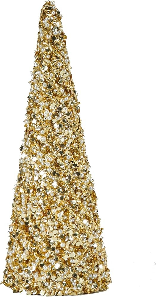 11.8" Glitter Bead and Sequin Artificial Tabletop Christmas Tree, Gold, Set of 2 | Amazon (US)