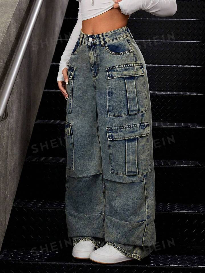 SHEIN ICON Ladies' Cargo Denim Jeans | SHEIN