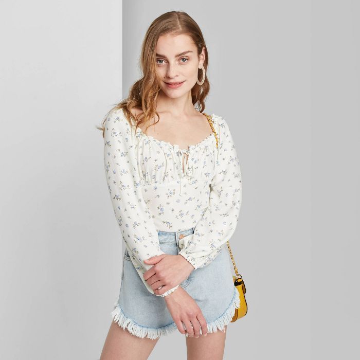 Women's Floral Print Long Sleeve Square Neck Woven Top - Wild Fable™ Ivory | Target