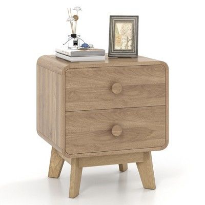 Costway 1/2 PCS Modern Style 2-Drawer Nightstand Bedside Table with Solid Rubber Wood Legs Brown | Target