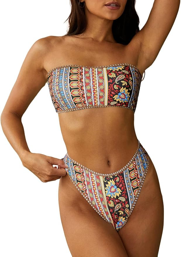 ZAFUL Women Strapless Wave Bandeau Bikini 2 Piece Swimwear Cheeky Solid Lace up Bathing Suits | Amazon (US)