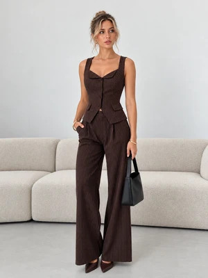 Pinstripe Sleeveless Vest Tailored Pants Set | Commense