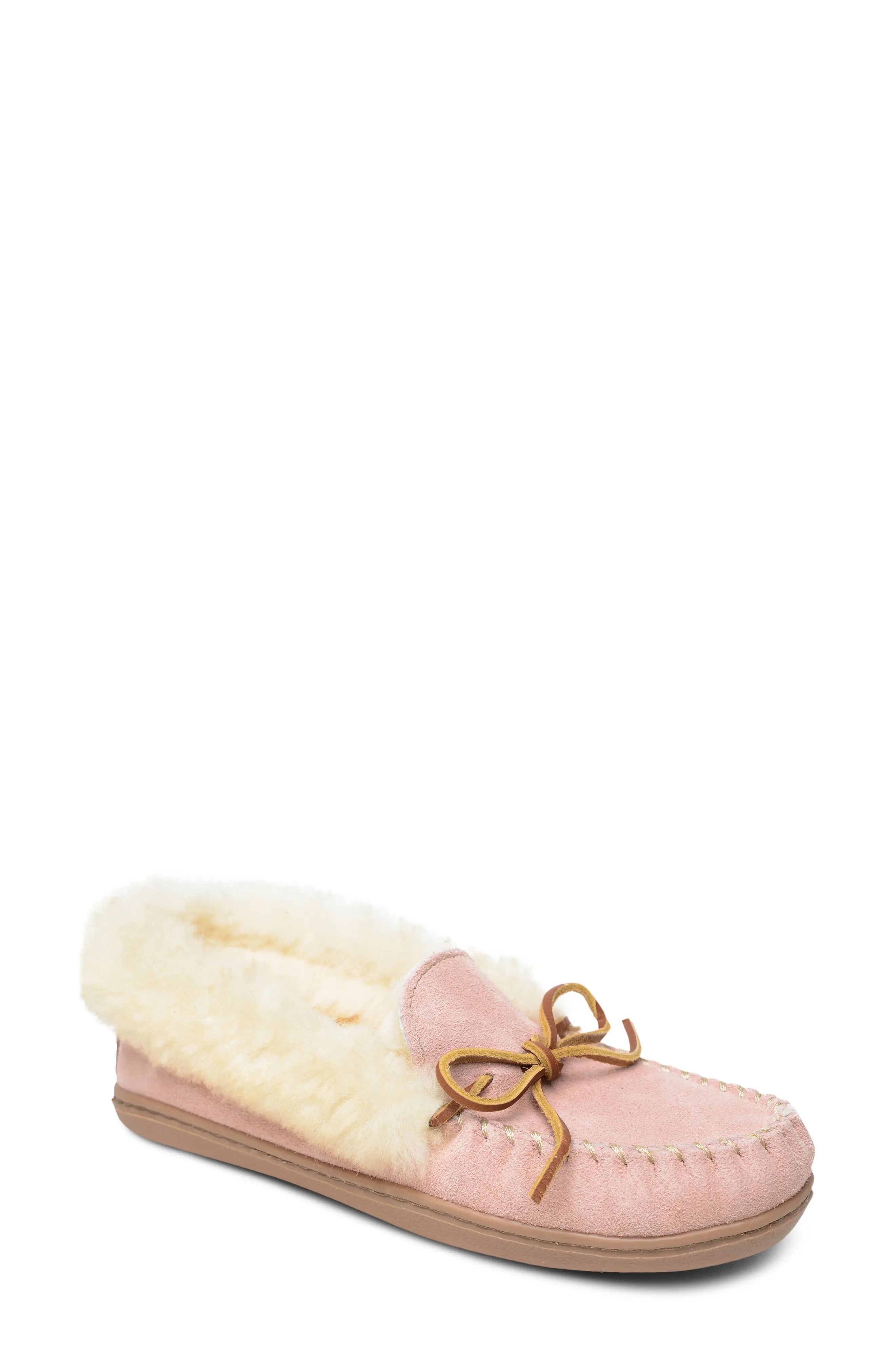 Women's Minnetonka 'Alpine' Genuine Shearling Moccasin Slipper, Size 7 M - Pink | Nordstrom