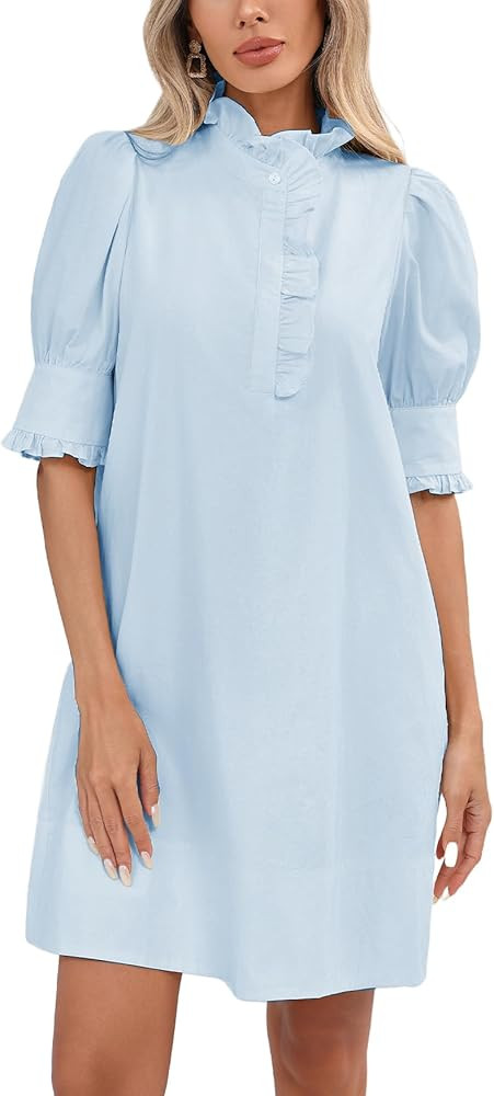 Women's Puff Short Sleeve Stand Ruffle Collar Summer Dress Casual A Line Shift Mini Dress with Po... | Amazon (US)