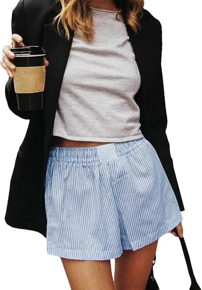 Women Striped Boxer Shorts Y2k Elastic High Waist Straight Wide Leg Pajama Bottoms Lounge Shorts ... | Amazon (US)