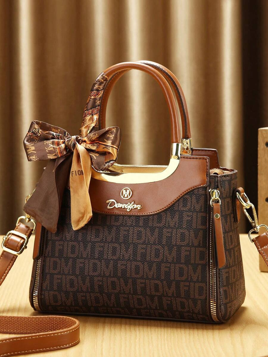 Women's Fashion Geometric Pattern Handbag, Dark Brown, Faux Leather Material, Polyester Lining, O... | SHEIN