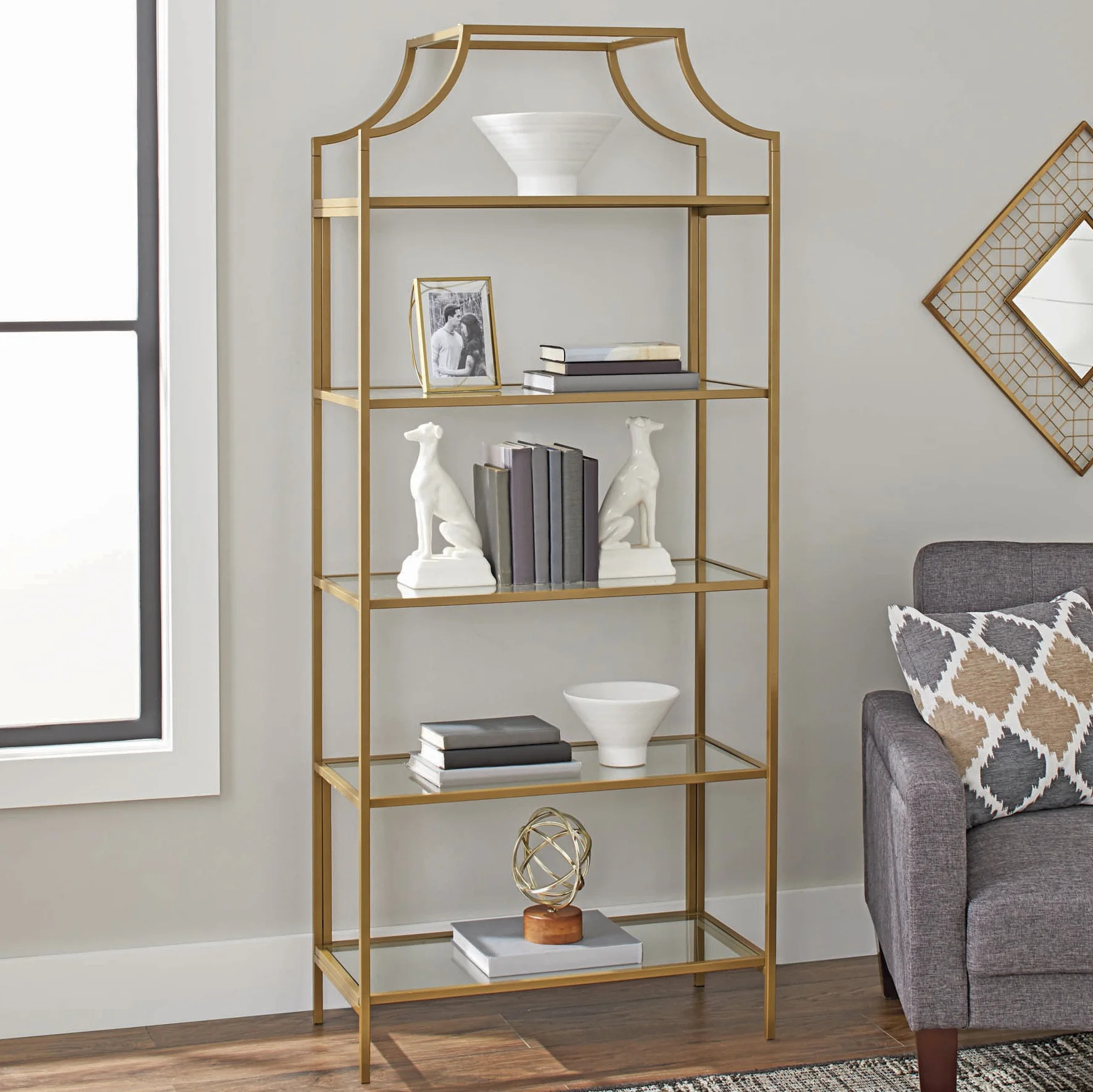 Better Homes & Gardens 71" Nola 5 Tier Etagere Bookcase, Gold Finish | Walmart (US)