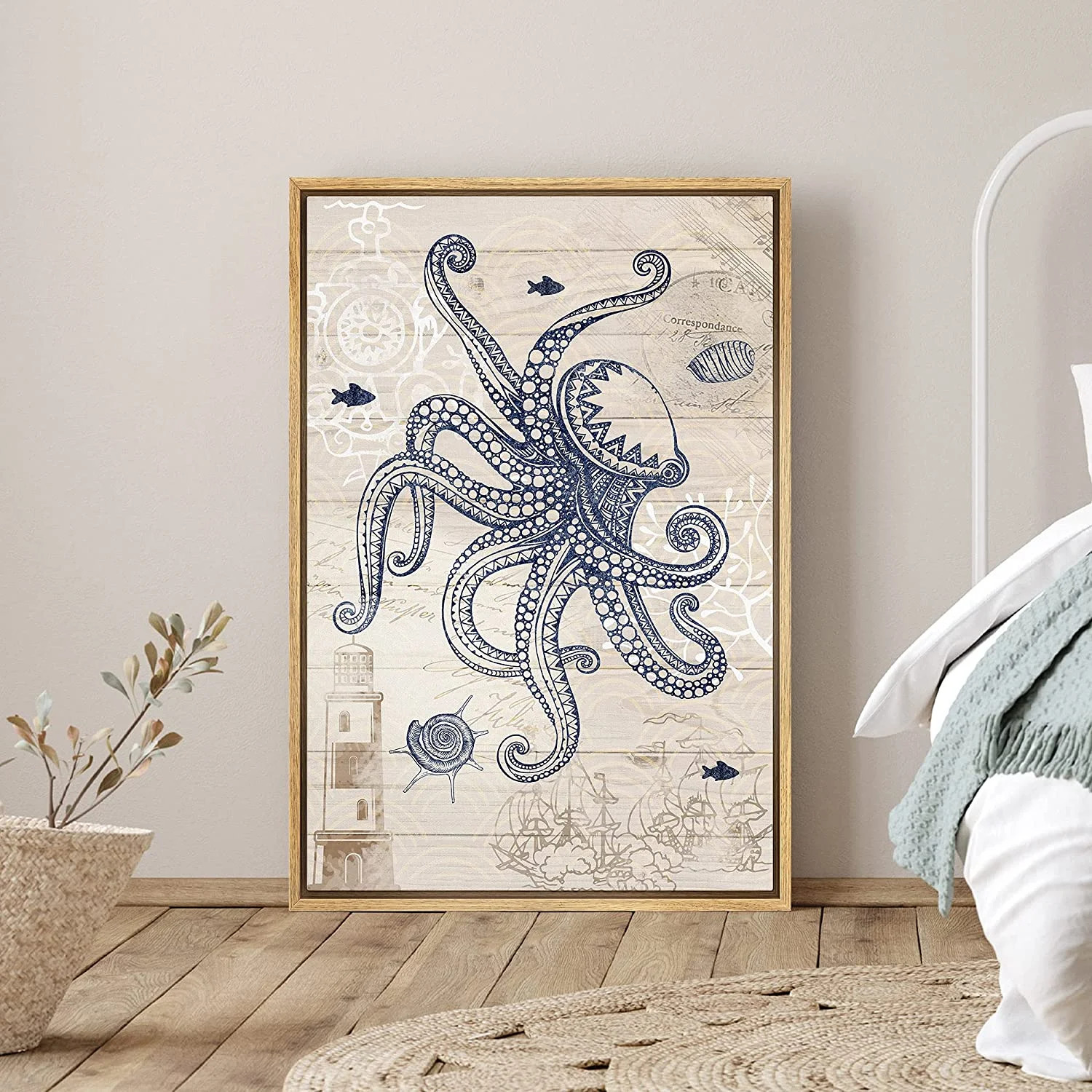 PixonSign Framed Canvas Print Wall Art Octopus, Fish and Lighthouse Animals Ocean Illustrations M... | Walmart (US)