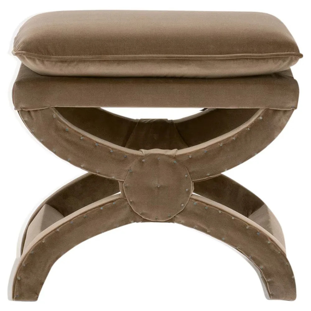 Greta Modern Classic Brown Velvet Curved Wood Ottoman | Kathy Kuo Home