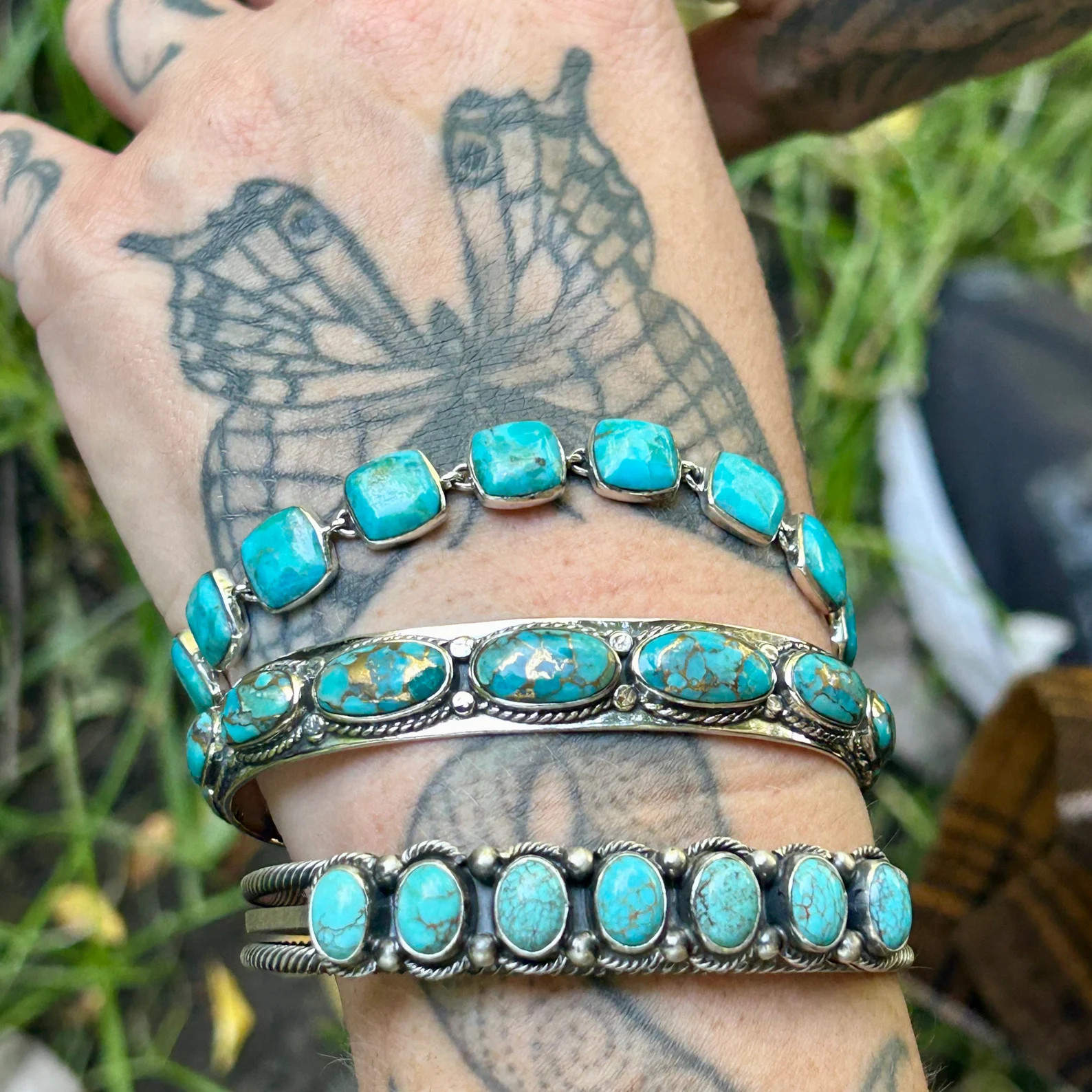 Genuine Turquoise Copper Matrix Bracelet 925 Sterling Silver 9 Gorgeous Stones in a Row Stackable... | Etsy (US)