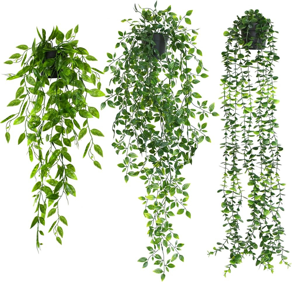 Fake Hanging Plants 3 Pack Artificial Hanging Plants Potted Greenery Faux Eucalyptus Vine Mandala... | Amazon (US)
