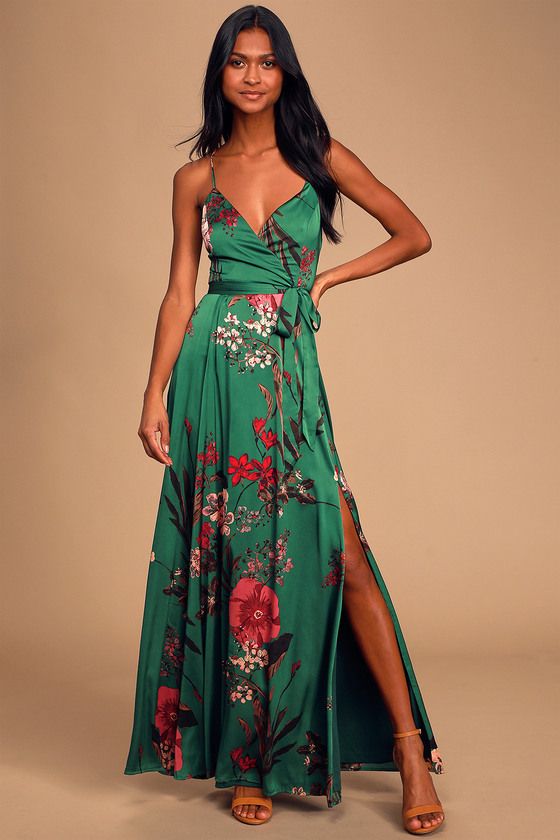 Still the One Emerald Green Floral Print Satin Maxi Dress | Lulus