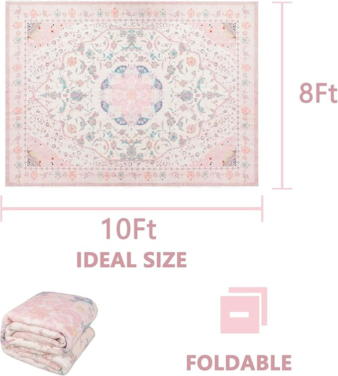 Area Rug - Vintage 8x10 Non-Slip Backing Area Rugs Light Pink Soft Faux Wool Carpet Foldable & Ma... | Amazon (US)