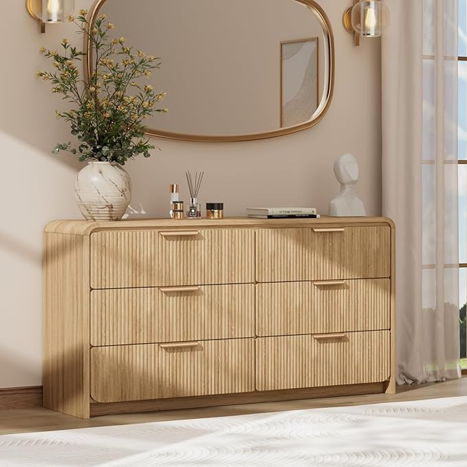 Fluted 6 Drawer Dresser, 47” Wide Wooden Storage Chest with Rounded Curved Corners and Gold Han... | Amazon (US)