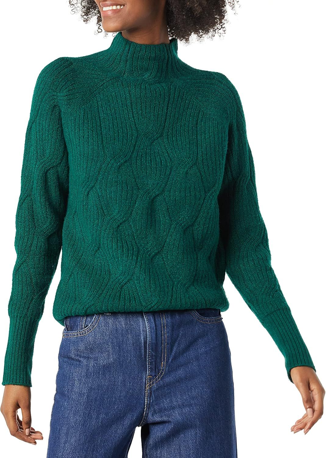 Amazon.com: Amazon Essentials Women's Soft Touch Funnel Neck Cable Sweater, Dark Green, Medium : ... | Amazon (US)