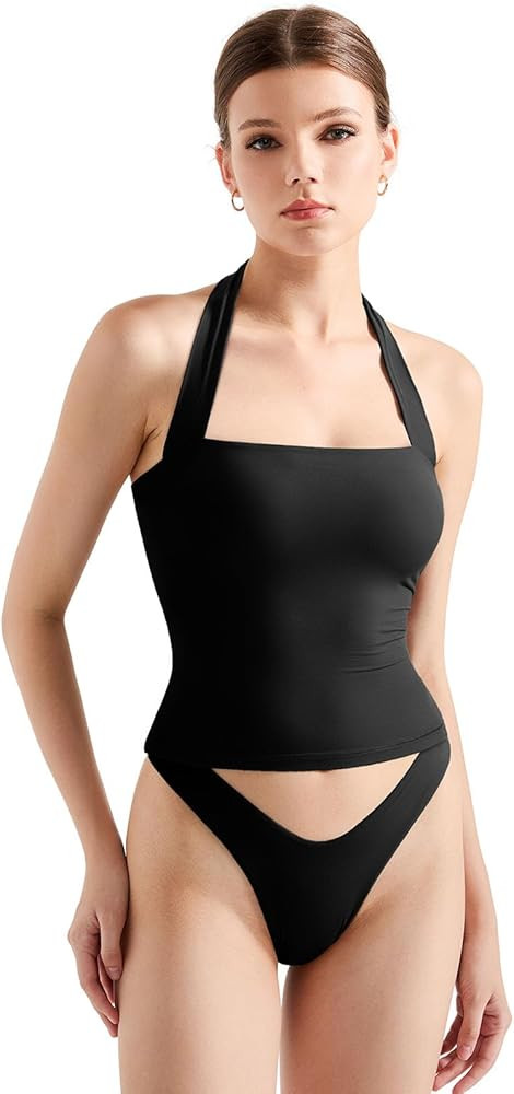 SUUKSESS Women Double Lined Halter Going Out Tops Open Back Basic Cami Tank Tops | Amazon (US)