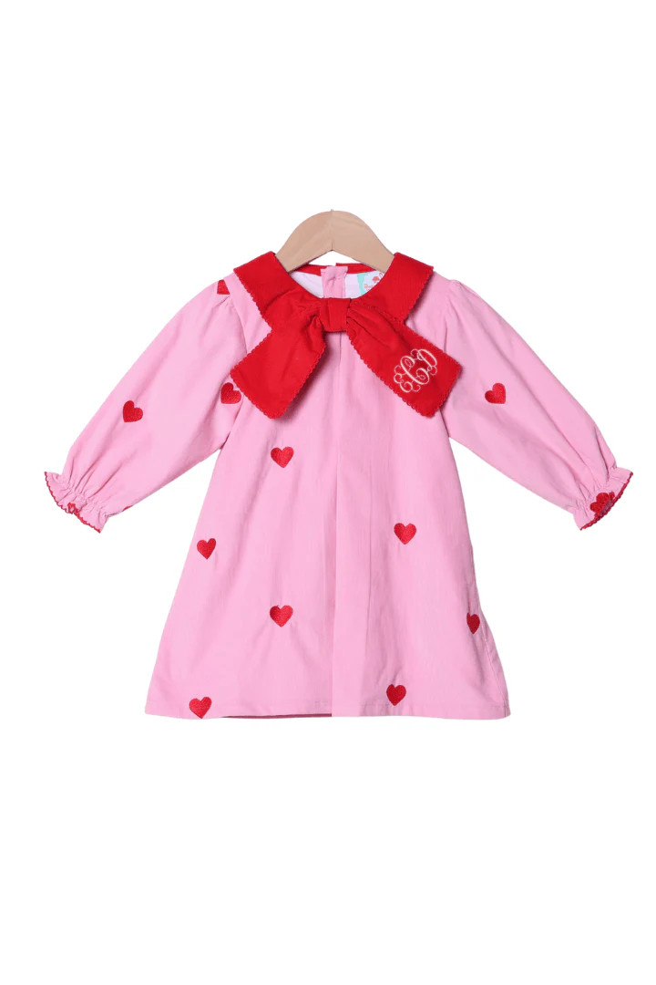 Embroidered Hearts Pink and Red Corduroy Dress | The Smocked Flamingo