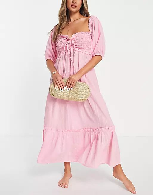 River Island shirred smock midi beach dress in light pink | ASOS (Global)