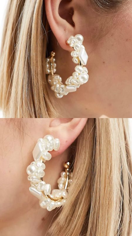 50mm hoop earrings with faux natural pearl design in gold tone. Statement piece, affordable jewelry for £10. 
Wardrobe staple. Timeless. Gift guide idea for her. Luxury, elegant, clean aesthetic, chic look, feminine fashion, trendy look, races outfit, wedding, baby shower, special event, festive. Asos. 

#LTKparties #LTKwedding #LTKfindsunder50