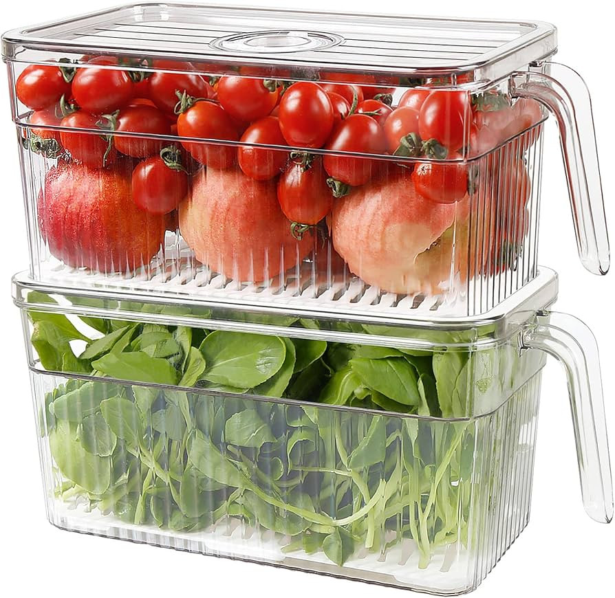 Loobuu 2 Pack Plastic Food Storage Produce Containers for Fridge, Stackable Lettuce Keeper for Re... | Amazon (US)