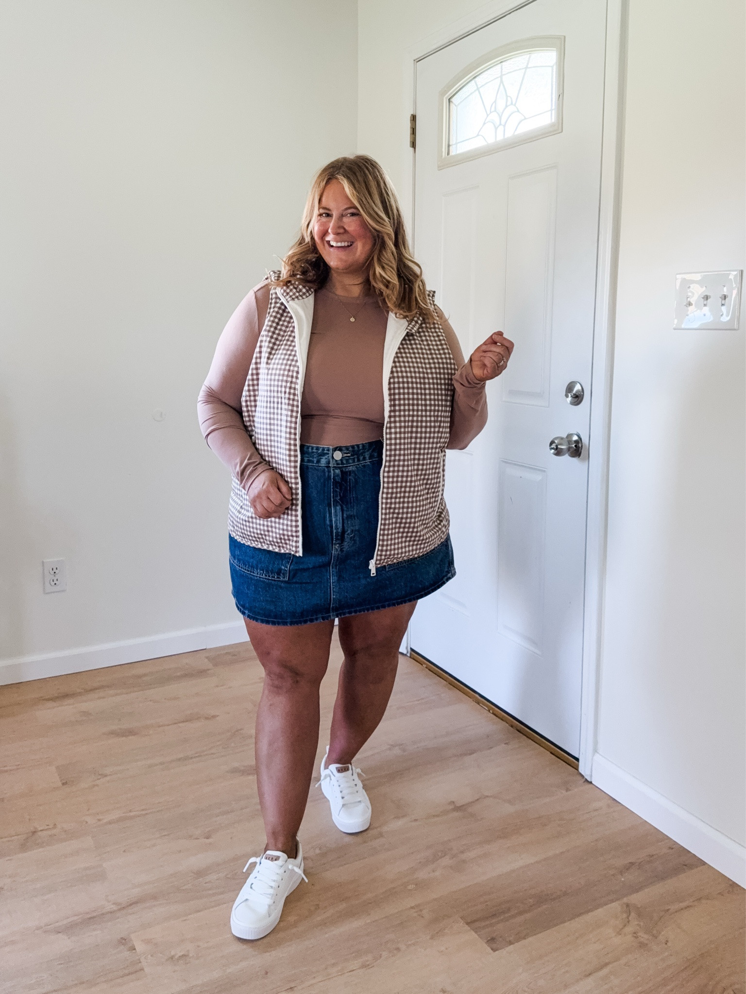 Wearing a 17 in my denim skirt, XXL in my long sleeve and my gingham vest

#LTKSeasonal #LTKMidsize #LTKSaleAlert