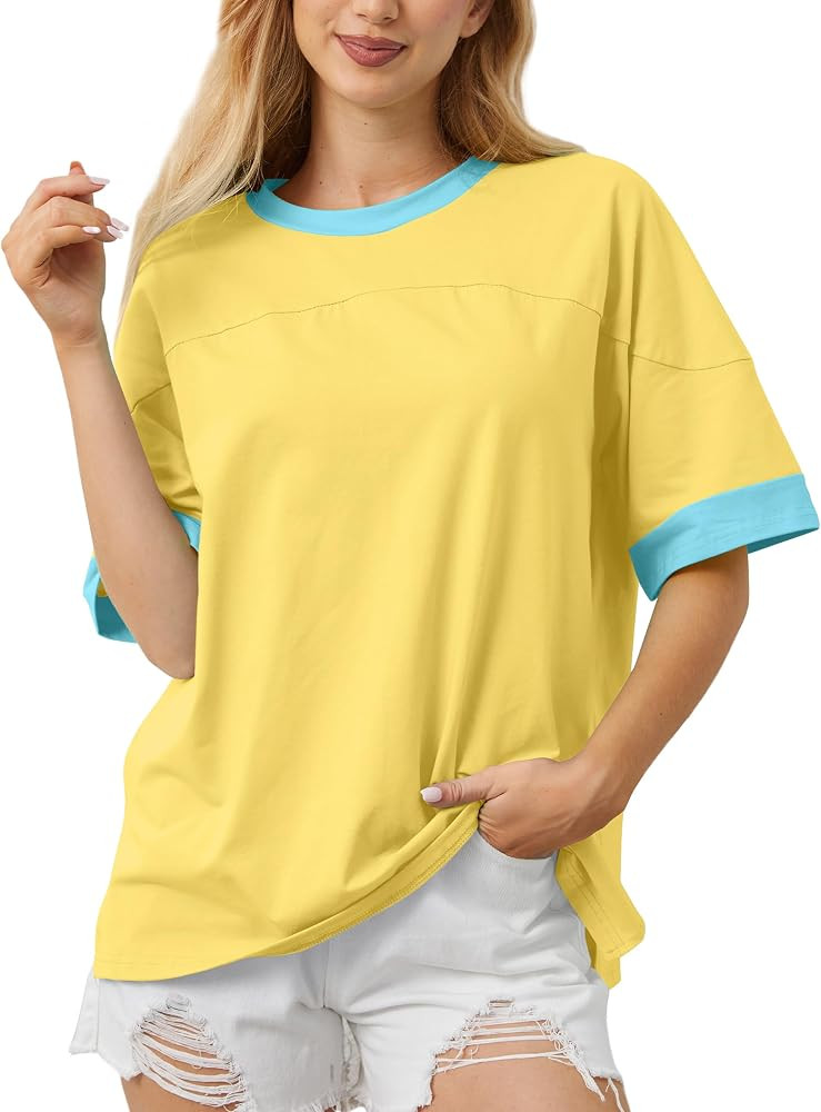 Women Oversized Color Block Short Sleeve T Shirt Crewneck Patchwork Split Hem Shirt Casual Loose ... | Amazon (US)