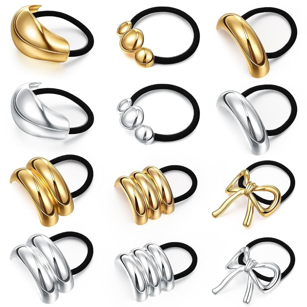 12 Pcs Gold Metal Hair Ties Metal Ponytails Hair Cuffs Gold & Silver Ties for Women Geometric Ela... | Amazon (US)