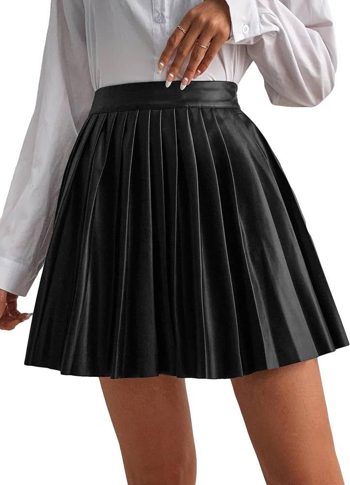 SOLY HUX Women's High Waisted Pleated Skirt Pu Leather Casual Mini Skirts | Amazon (US)
