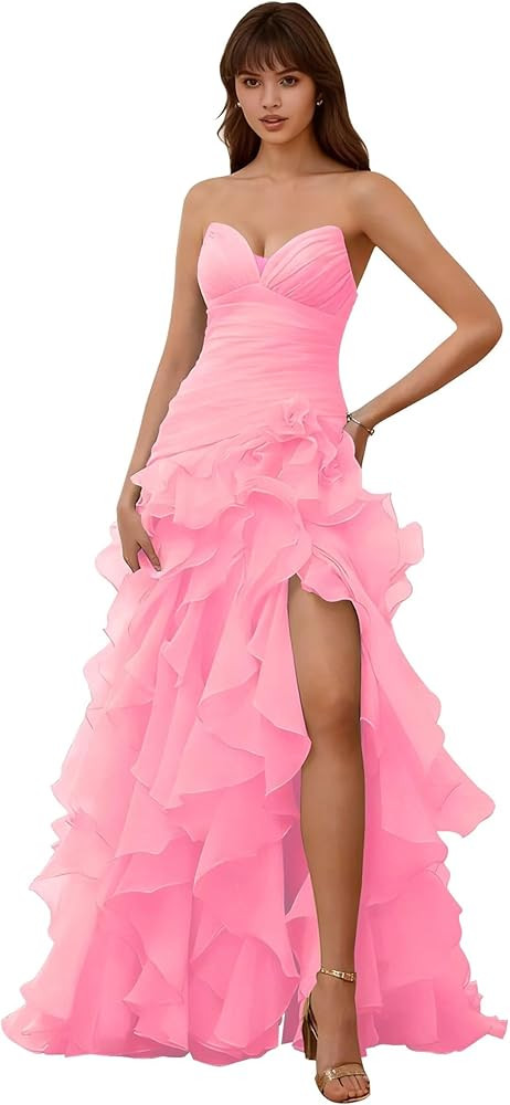 Strapless Ruffle Chiffon Evening Gown High Slit Sweetheart Neck Formal Prom Dress for Women | Amazon (US)