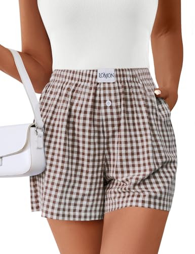 LOMON Shorts for Women Summer Gingham Boxer Y2K Pajamas Pockets Resort Wear | Amazon (US)
