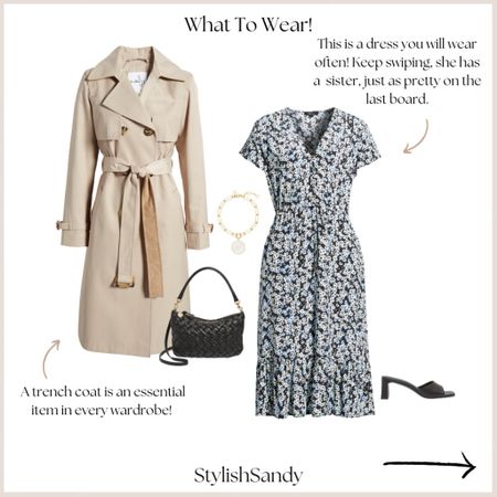 A great dress to wear day to evening! Plus, a trench coat is a wardrobe essential.  The dress runs tts, and the shoe is comfortable and runs tts. Sam Edelman coats run a roomy tts.   The handbag is of excellent quality, and the woven details add interest to your outfit.😊 