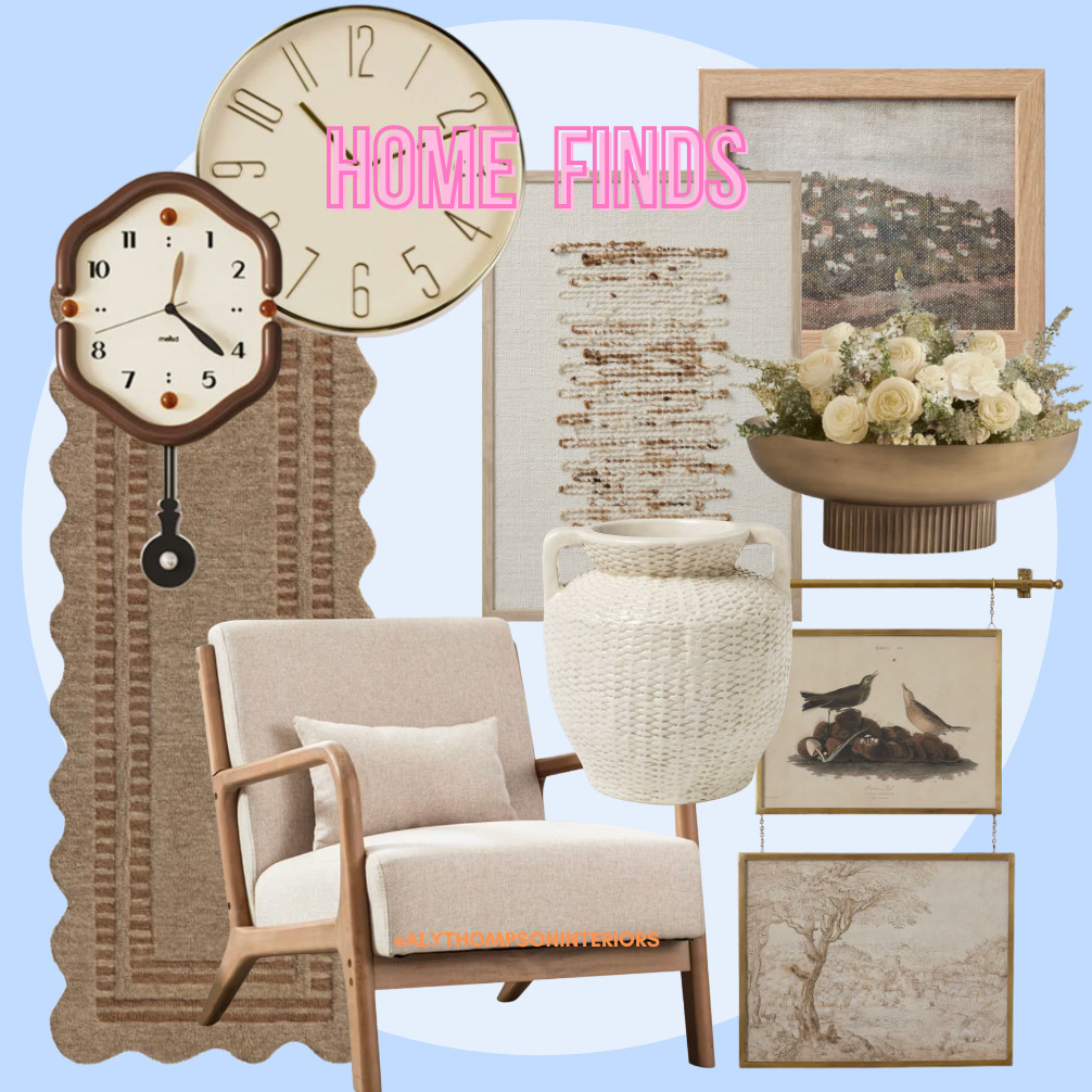 Neutral Home Finds | Home Decor | Wall Clock | Decorative Bowl | Framed Wall Art | Accent Chair | Scallop Rug | Unique Home Finds | Target | Magnolia  

 #LTKSeasonal #LTKHome #LTKSaleAlert