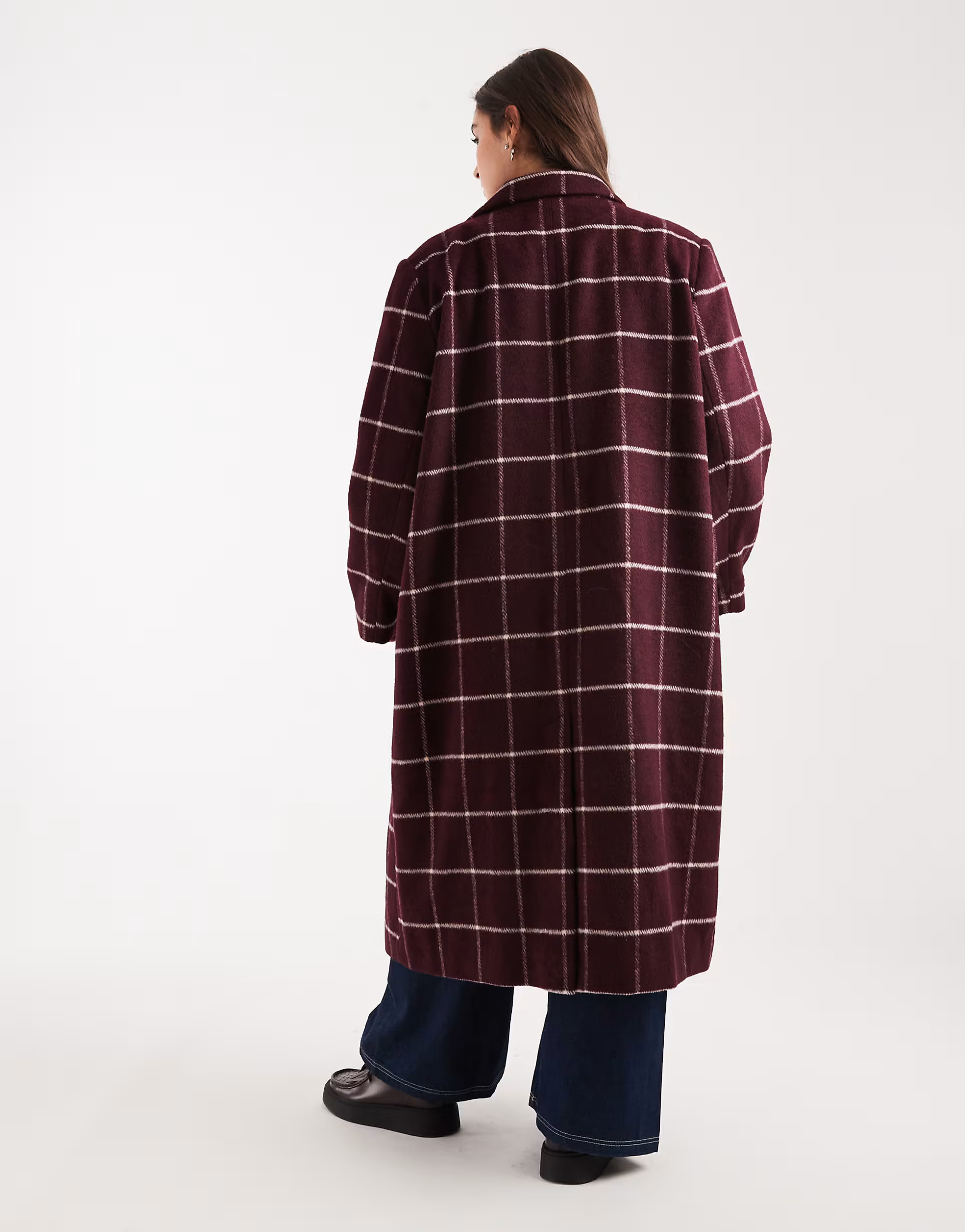 ASOS DESIGN Curve longline formal coat in burgundy plaid | ASOS (Global)
