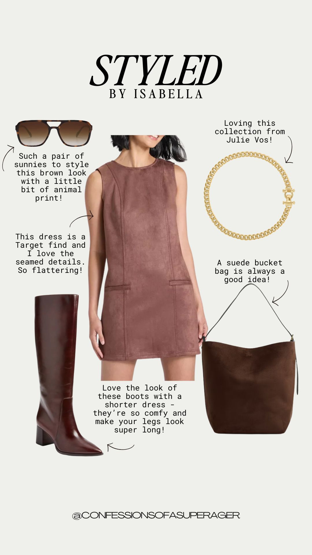 ✨ Fall outfit inspo alert! ✨ This chic Target dress with flattering seamed details is the perfect budget-friendly find for the season. Styled with tall knee-high boots that make your legs look miles long, a suede bucket bag (a forever staple!), and bold sunnies with a touch of animal print 🐆. Finished with timeless gold jewelry from Julie Vos ✨ 

 #targetstyle #falloutfitideas #fallfashion2025 #ltkfallstyle #ltkfashionfinds #targetdress #ltkstyleinspo #over40style #confessionsofasuperager #LTKOver40 #LTKSaleAlert #LTKFindsUnder50