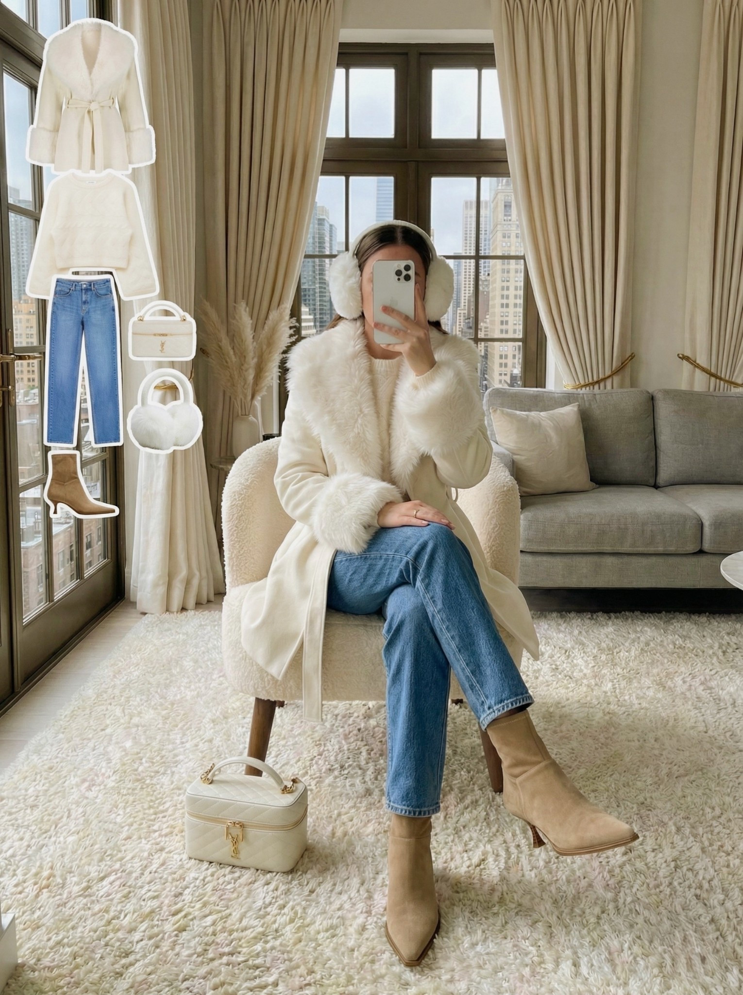 ✨ Winter Whites ✨

Soft, bright, and perfectly cozy. This look brings together plush textures and clean neutrals for a polished cold weather outfit. The faux fur trim coat sets the tone with its luxe feel, while the cream knit adds warmth without sacrificing elegance. Light denim keeps everything effortless and wearable.

Taupe boots ground the palette and the structured ivory bag adds a chic finishing touch. The earmuffs tie it all together with a playful winter touch.

🤍 Style Notes:
• Faux fur trim coat for a luxe layered feel
• Cozy cream knit for soft texture
• Light denim for an easy everyday balance
• Taupe boots to warm up the palette
• Structured ivory bag for a refined finish

Everything linked and ready to shop ✨