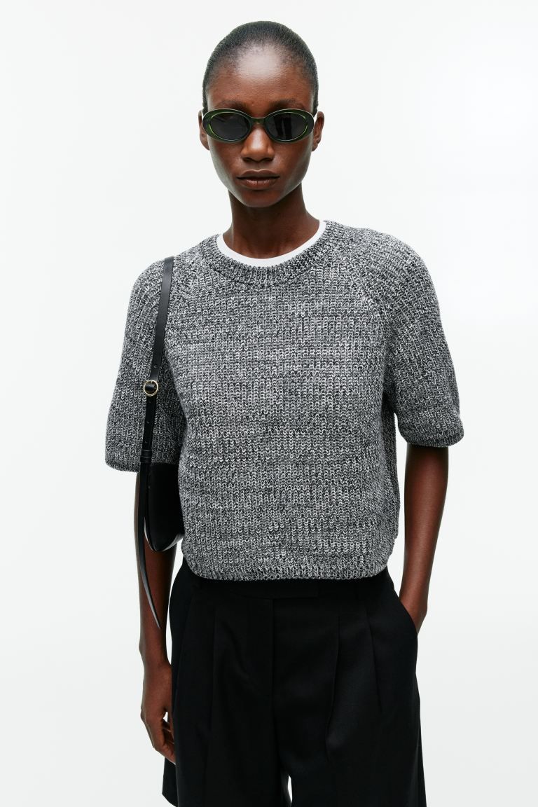 Rib-Knit Short-Sleeve Top - Black/White Melange - Ladies | H&M GB | H&M (UK, MY, IN, SG, PH, TW, HK)